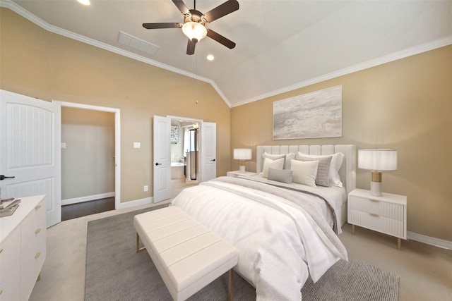 bedroom with baseboards, visible vents, ornamental molding, vaulted ceiling, and recessed lighting