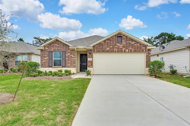 ranch-style house with a garage and a front yard