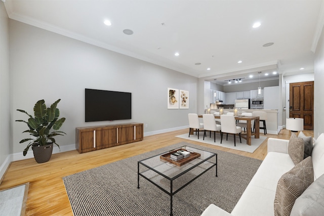 living room featuring ornamental molding and light hardwood / wood-style floors