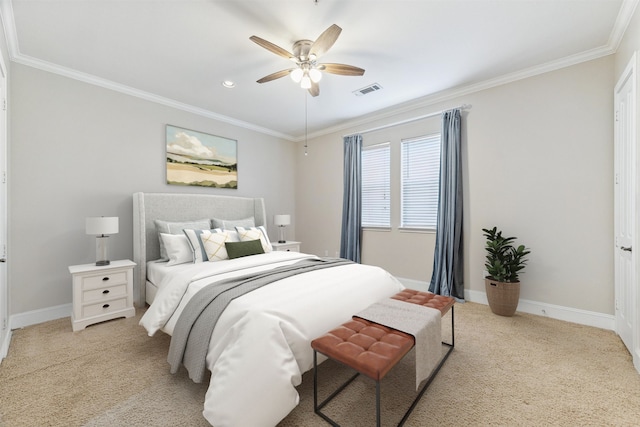 bedroom with ceiling fan, light carpet, and ornamental molding