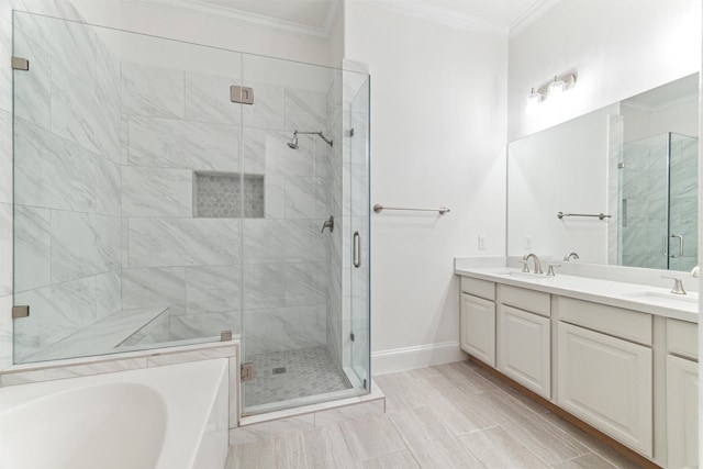 bathroom featuring vanity, plus walk in shower, and ornamental molding