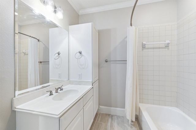 bathroom with vanity, crown molding, and shower / bathtub combination with curtain