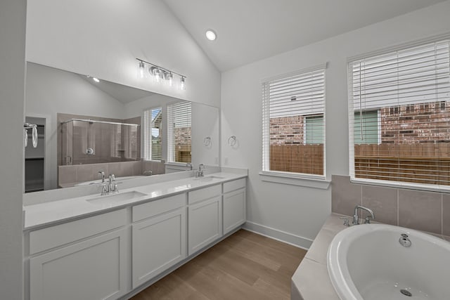 bathroom with a sink, a shower stall, vaulted ceiling, and plenty of natural light