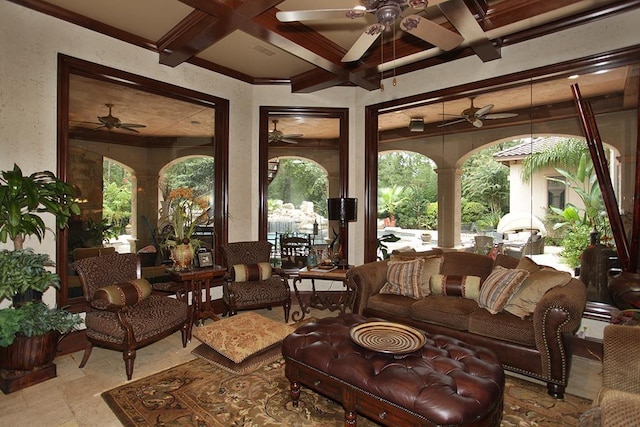 23 Villeroy Way, The Woodlands, TX 77382 - living area with a ceiling fan, beam ceiling, and coffered ceiling