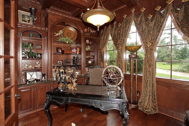 home office featuring dark hardwood / wood-style flooring, beam ceiling, and coffered ceiling