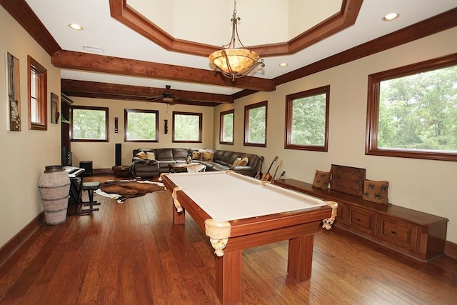 game room with dark hardwood / wood-style flooring, ceiling fan, billiards, and crown molding