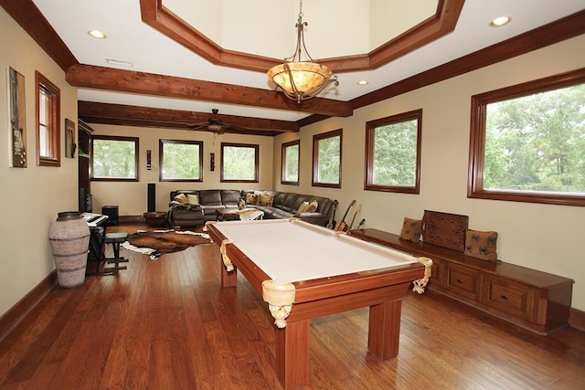 23 Villeroy Way, The Woodlands, TX 77382 - recreation room with dark wood-style flooring, healthy amount of natural light, recessed lighting, billiards table, and a ceiling fan