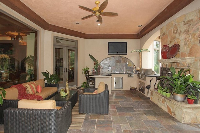 23 Villeroy Way, The Woodlands, TX 77382 - view of patio with french doors, an outdoor living space, and a ceiling fan