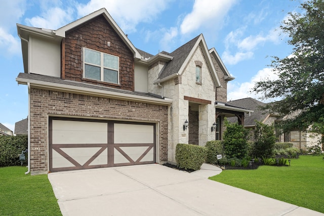 view of front of home with a garage and a front lawn