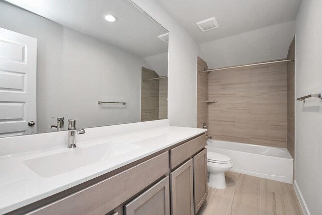 22126 Oceania Shores Dr, Hockley, TX 77447 - full bathroom featuring toilet, vanity, shower / bathtub combination, recessed lighting, and lofted ceiling
