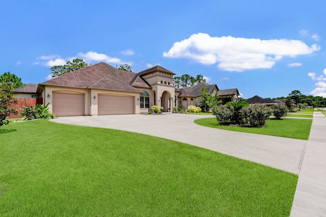 mediterranean / spanish house with a garage and a front lawn