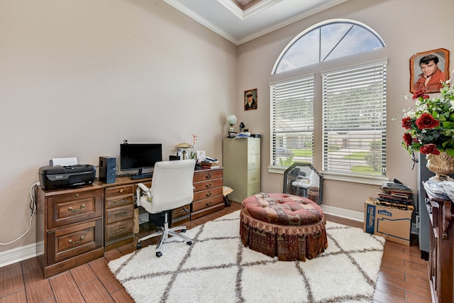 office with ornamental molding and hardwood / wood-style flooring