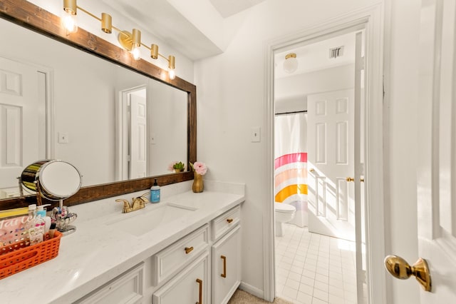 15007 Terrace Oaks Dr, Houston, TX 77068 - bathroom featuring toilet, vanity, tile patterned floors, and a shower with shower curtain