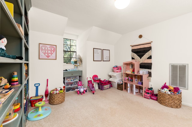 game room with carpet flooring and lofted ceiling