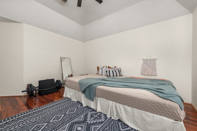 bedroom with wood-type flooring and ceiling fan