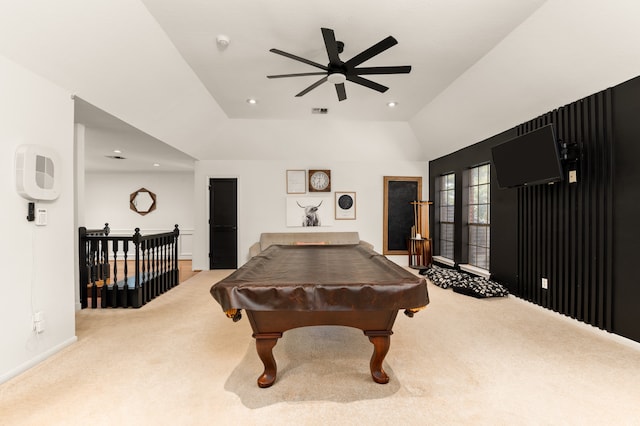 game room with ceiling fan, light carpet, pool table, and vaulted ceiling