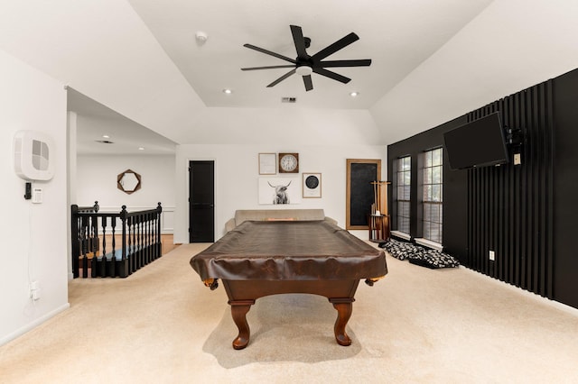 15007 Terrace Oaks Dr, Houston, TX 77068 - recreation room with carpet flooring, ceiling fan, recessed lighting, vaulted ceiling, and baseboards