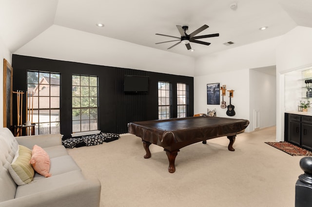 playroom featuring light colored carpet, ceiling fan, and pool table