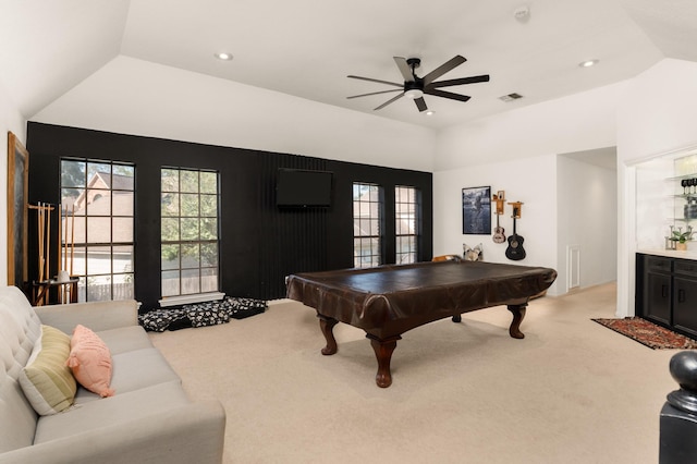 15007 Terrace Oaks Dr, Houston, TX 77068 - rec room with light carpet, a ceiling fan, a dry bar, billiards table, and recessed lighting