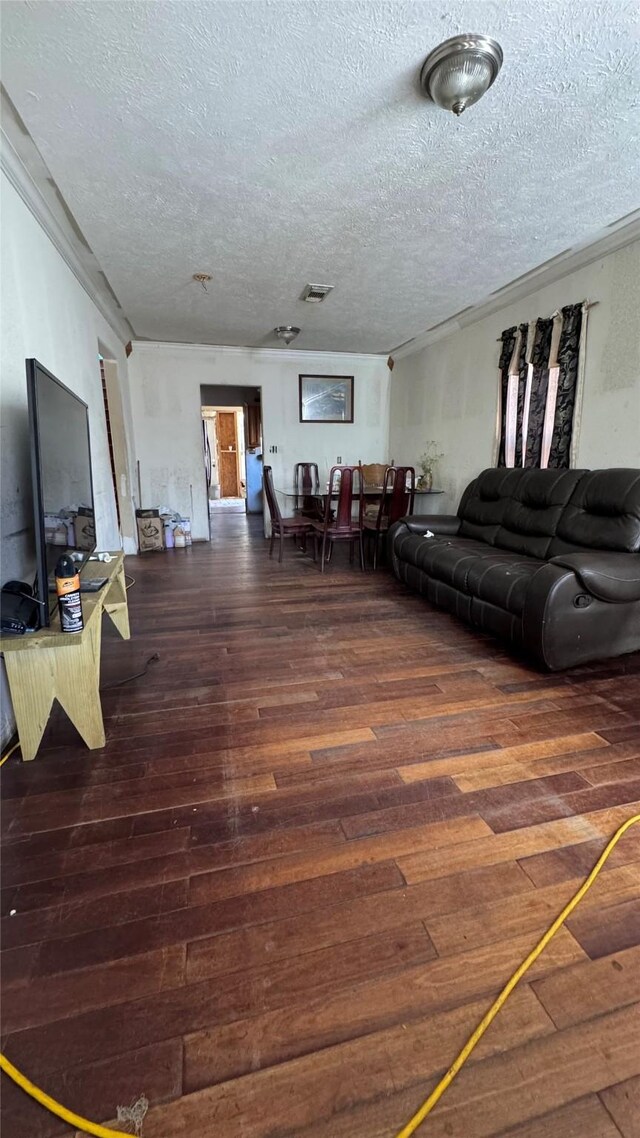 living room with a textured ceiling and dark hardwood / wood-style flooring