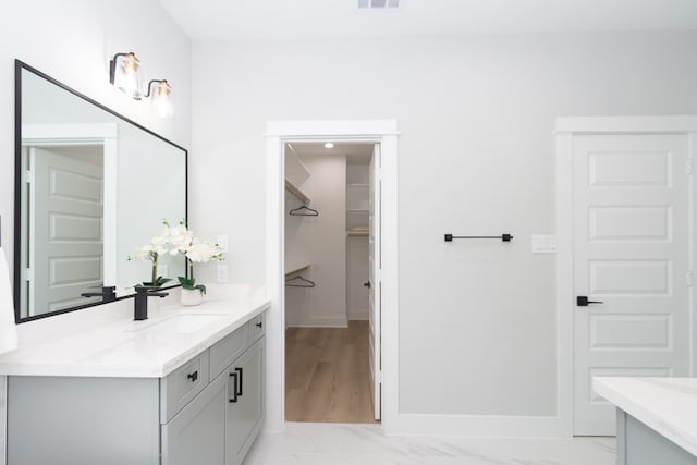 bathroom with hardwood / wood-style flooring and vanity