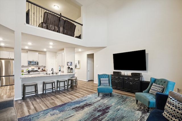 living room featuring wood-type flooring, sink, and a high ceiling