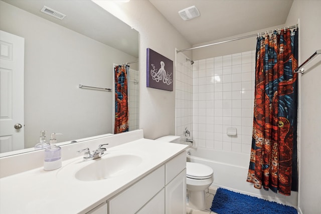 full bathroom with tile patterned flooring, vanity, toilet, and shower / tub combo