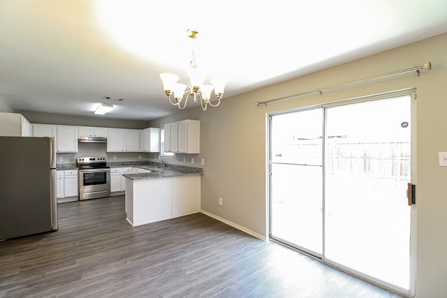 kitchen with appliances with stainless steel finishes, hanging light fixtures, sink, white cabinets, and dark wood-type flooring