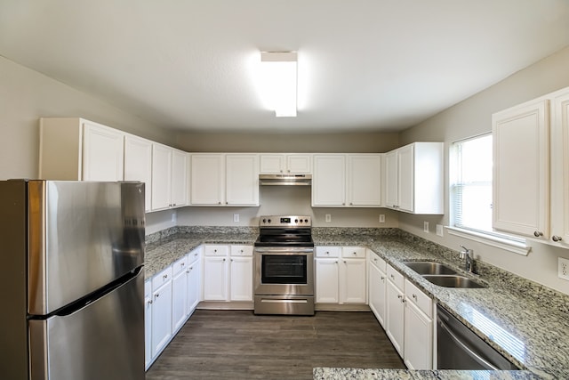 kitchen featuring stone countertops, sink, appliances with stainless steel finishes, white cabinets, and dark hardwood / wood-style flooring