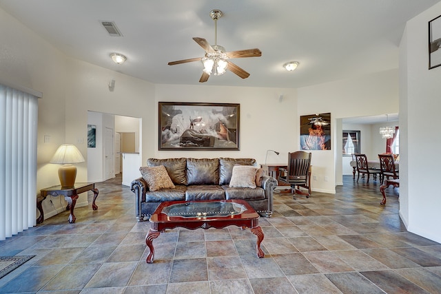 living room with ceiling fan