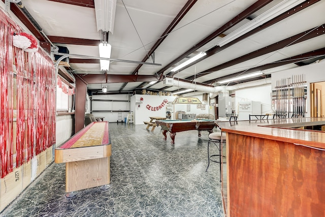 recreation room with billiards and beamed ceiling