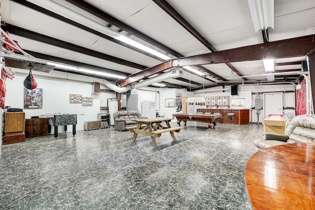 playroom with beamed ceiling, electric panel, and billiards