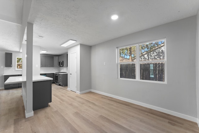 kitchen with light hardwood / wood-style flooring, a textured ceiling, and appliances with stainless steel finishes