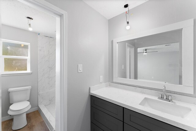 bathroom with a tile shower, ceiling fan, vanity, and toilet