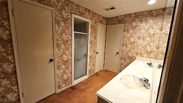 bathroom with vanity, a textured ceiling, and an enclosed shower