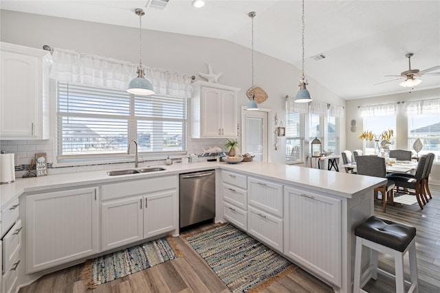 kitchen with a wealth of natural light, stainless steel dishwasher, lofted ceiling, and sink