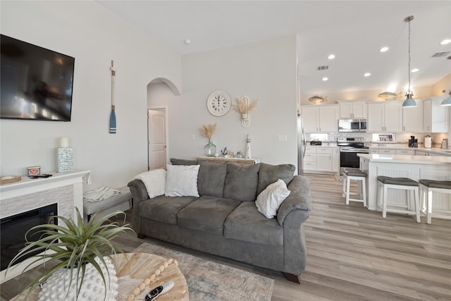 living room with a fireplace and light hardwood / wood-style flooring