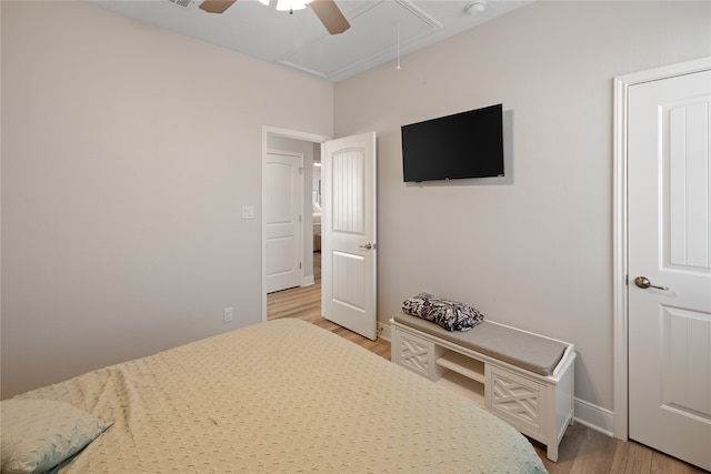 bedroom featuring ceiling fan and light wood-type flooring