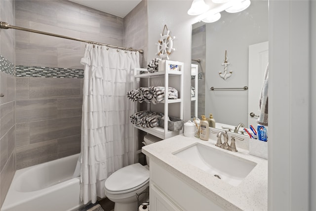 full bathroom with shower / bath combo, vanity, and toilet