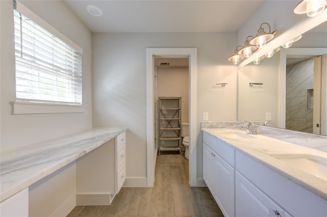 bathroom with hardwood / wood-style floors, vanity, and toilet