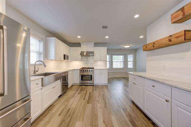 kitchen with sink, tasteful backsplash, white cabinets, premium appliances, and light wood-type flooring