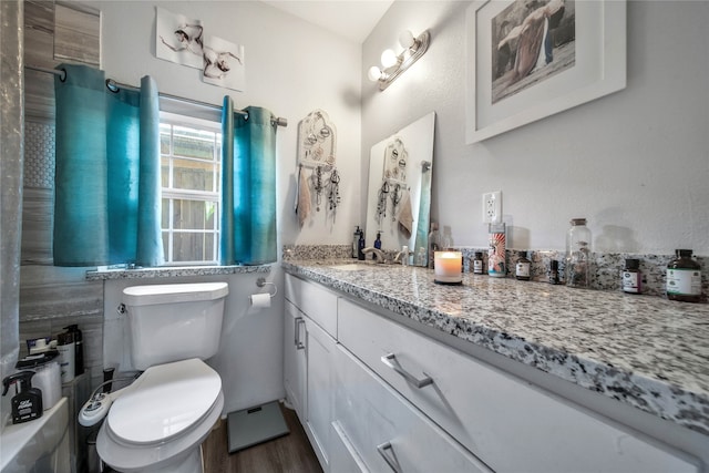 bathroom with wood-type flooring, vanity, and toilet