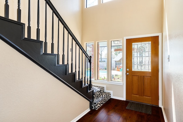 foyer entrance with a towering ceiling and dark hardwood / wood-style flooring