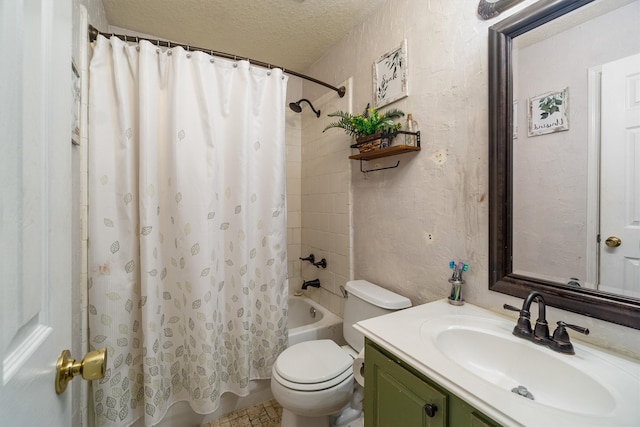 full bathroom with vanity, a textured ceiling, toilet, and shower / tub combo with curtain