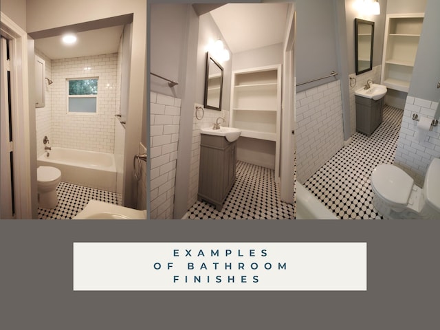 full bathroom featuring tile walls, vanity, tile patterned flooring, toilet, and tiled shower / bath