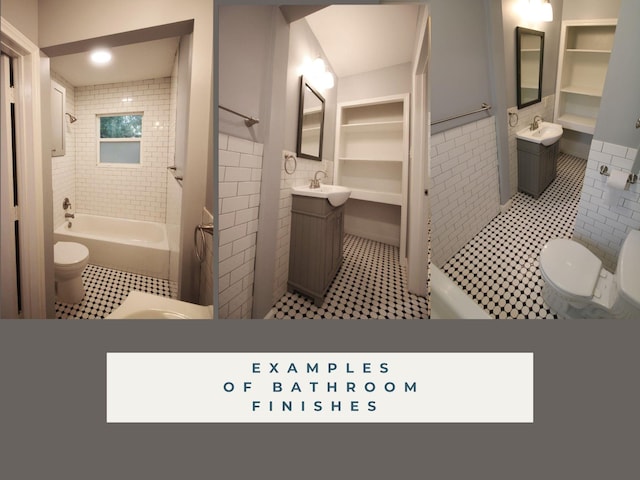 5331 Bell St, Houston, TX 77023 - full bathroom with toilet, tile walls, vanity, tiled shower / bath combo, and tile patterned flooring