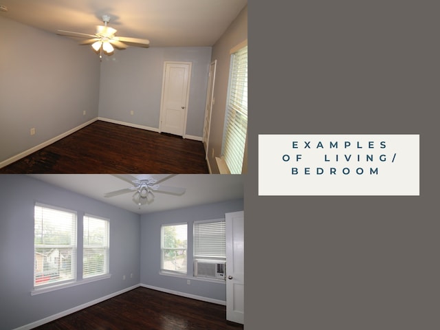 unfurnished room featuring dark wood-type flooring and ceiling fan