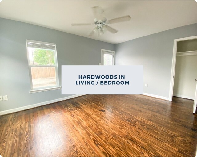 unfurnished bedroom with a closet, ceiling fan, and dark hardwood / wood-style floors