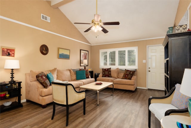 living room with dark hardwood / wood-style flooring, beamed ceiling, high vaulted ceiling, and ceiling fan