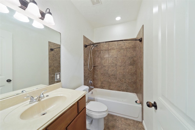 bathroom with vanity, bathing tub / shower combination, tile patterned flooring, toilet, and visible vents